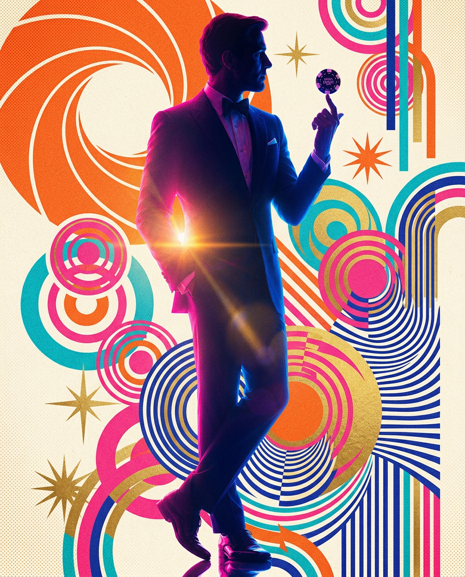Bold 1960s style silhouette of a gentleman in a tailored suit twirling a casino poker chip against a retro mod pattern
