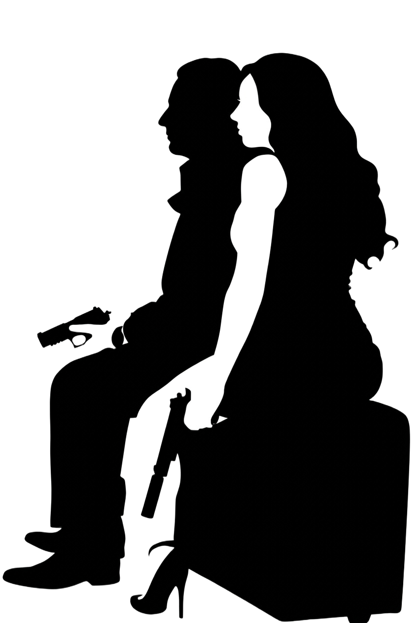 Silhouette of Joe Colangelo and his wife seated back to back holding pistols
