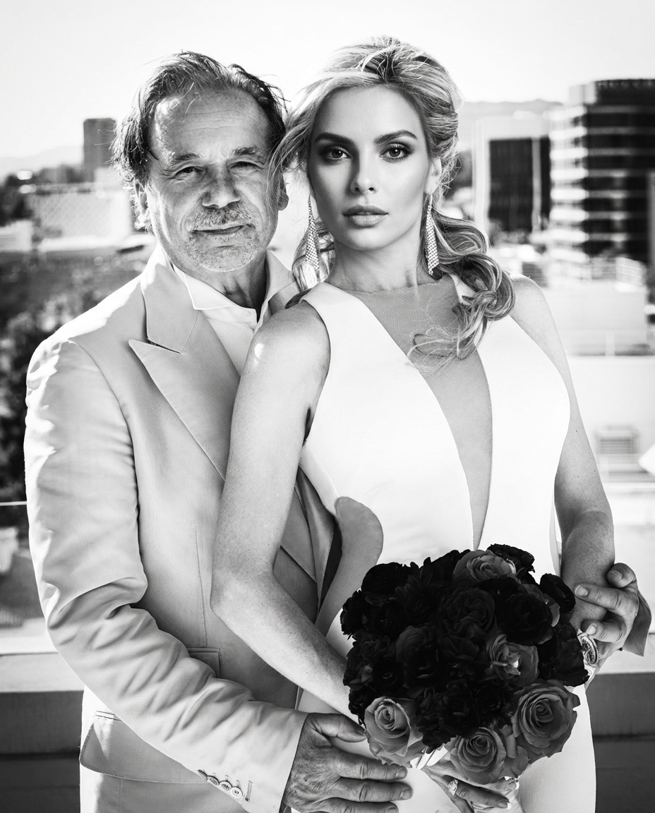 Joe Colangelo with his wife, black and white portrait