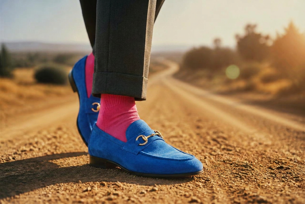 Polished Tom Ford dress shoes and pink socks mid-stride on a sunlit dirt road